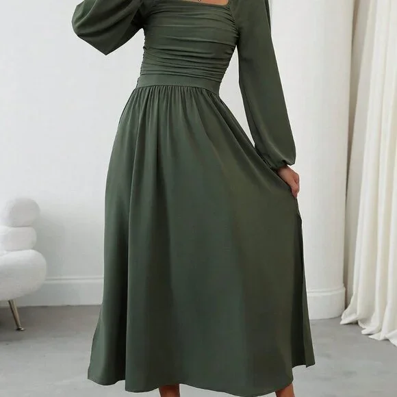 Green Elegant Women's Casual Square Neck Pleated Lantern Sleeve Dress - Picture 7 of 7
